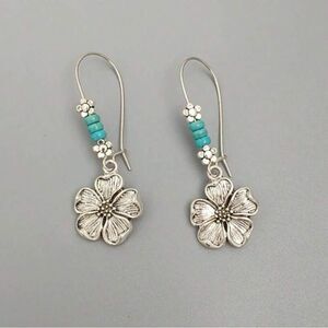 Free People Silver Floral Drop Earrings with Turquoise Beads